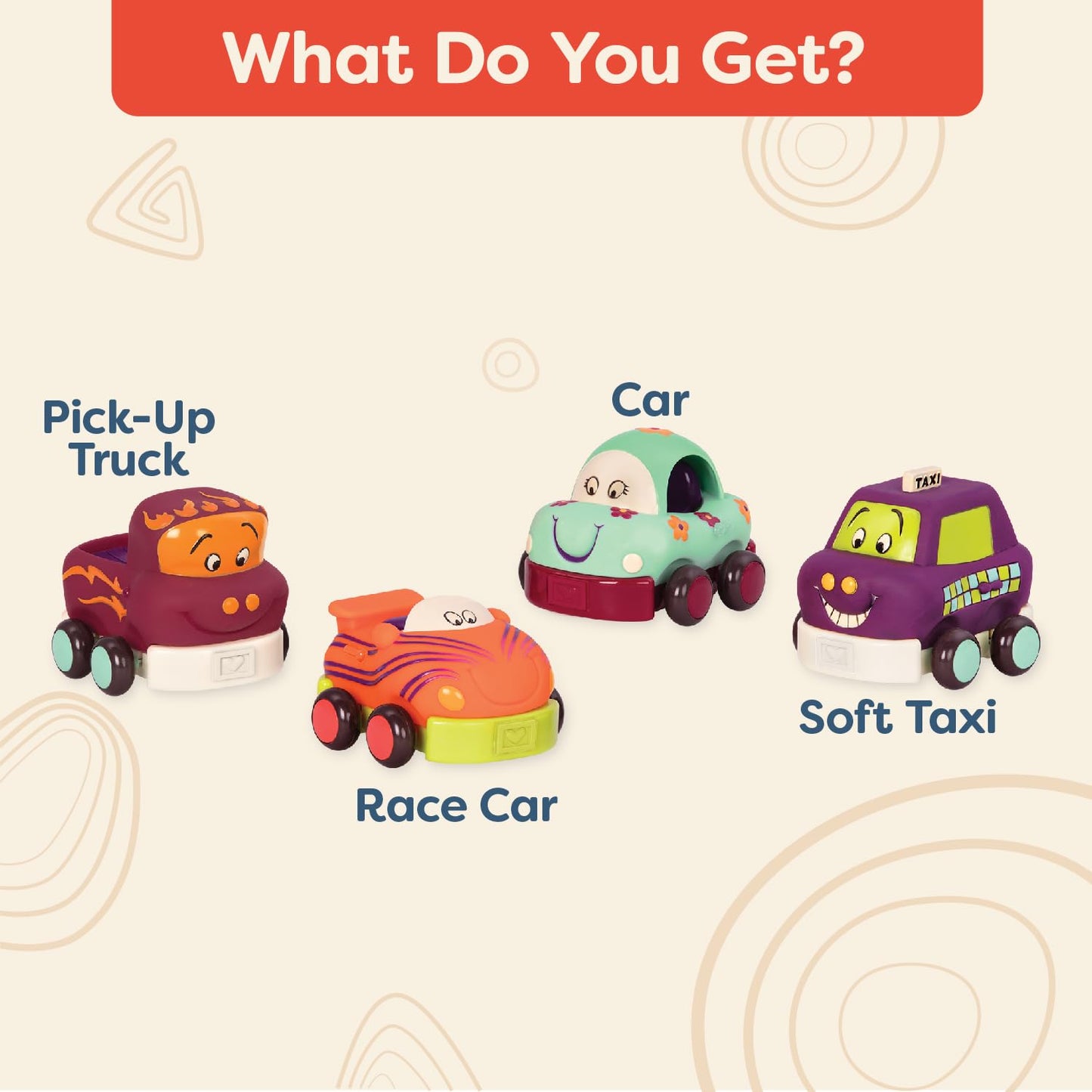 B. toys - Wheeee - ls Soft Pull - Back Cars - Set of 4 Baby & Toddler Vehicles - Fun & Colorful Animal Designs - Early Developme