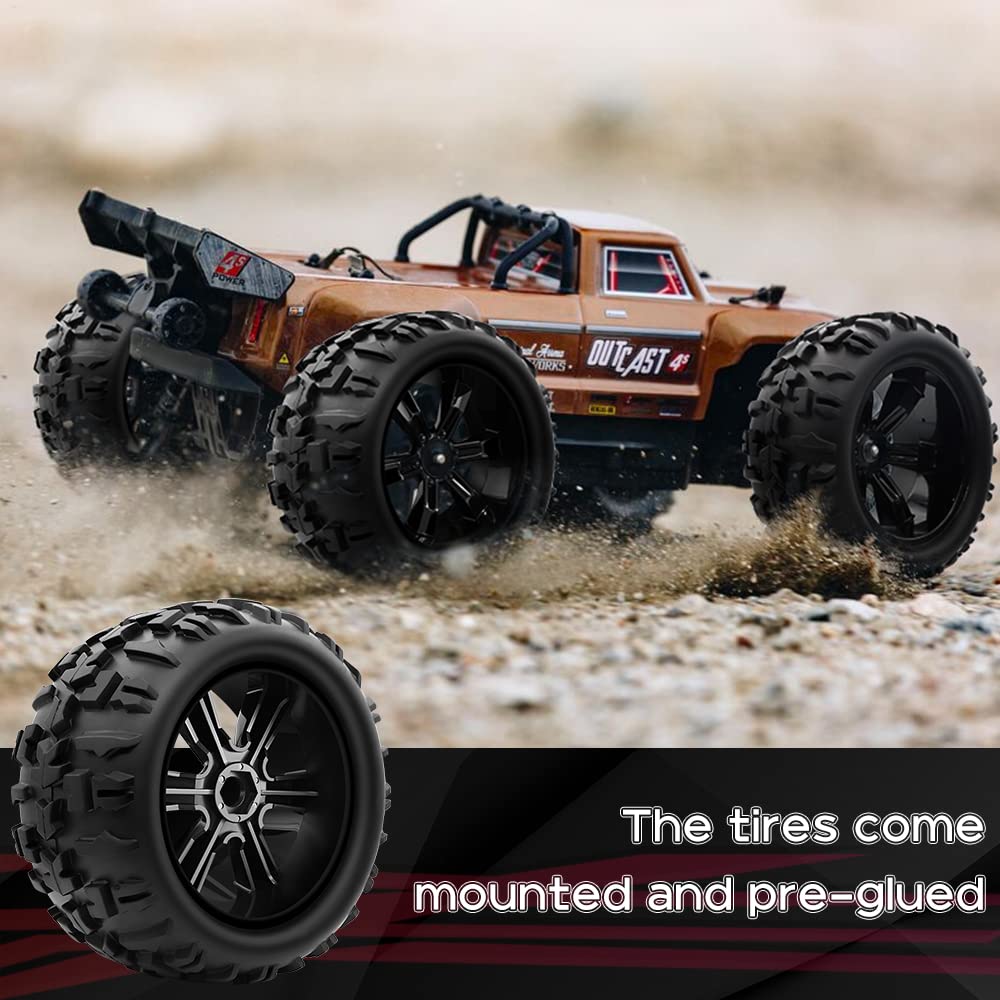 GLOBACT Pre-Glued 1/8 1/10 17mm Hex RC Monster Truck Wheels & Tires, Black, Foam Inserts, Compatible with TRX ERevo, T