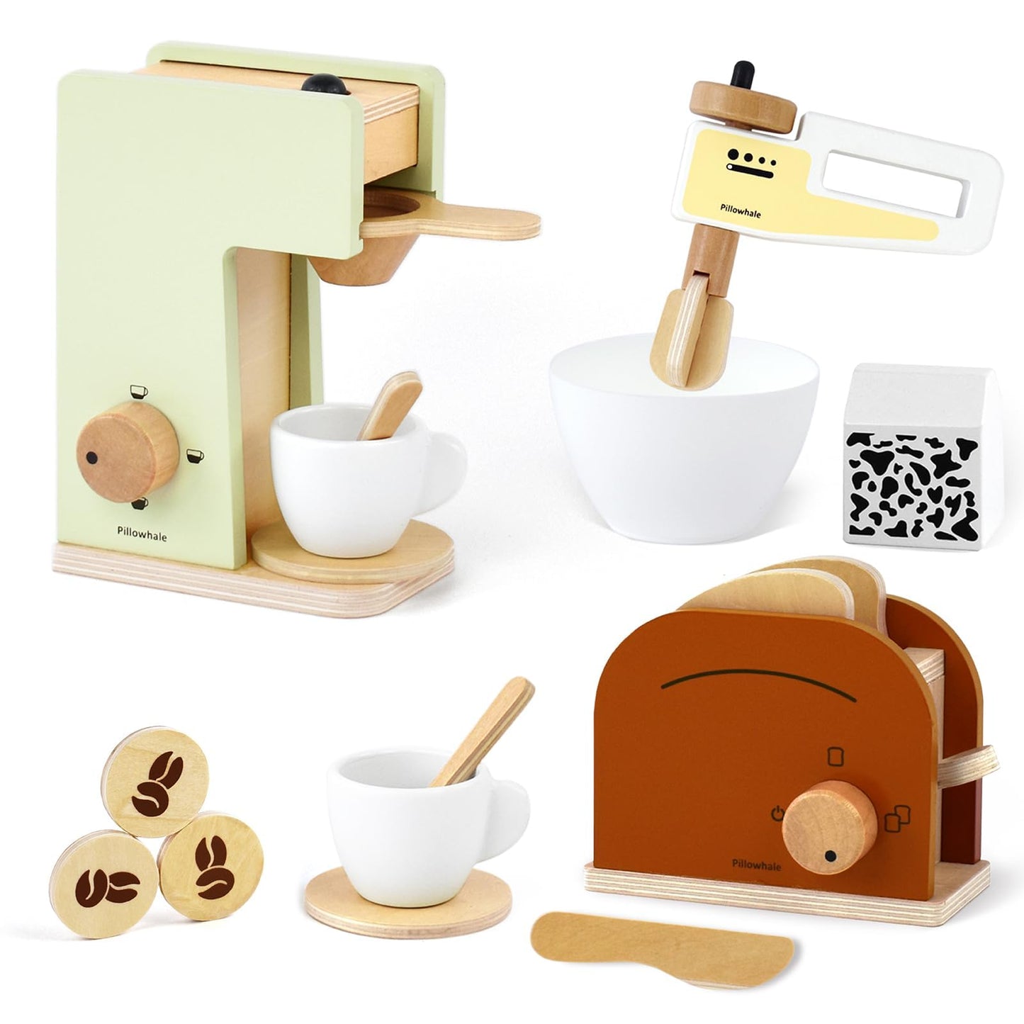 Pillowhale Kids Coffee Maker Playset,Wooden Toy Toaster,Toy Mixer,3-in-1 Kids Kitchen Playset,Pretend Play Kitchen Accessories,W