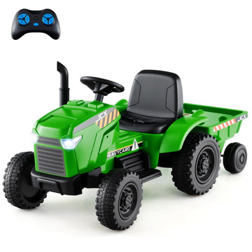 Costzon Ride On Tractor With Trailer, 12V Battery Powered Electric Vehicles With Remote Control, Music & Lights, Kids Tractor Ri