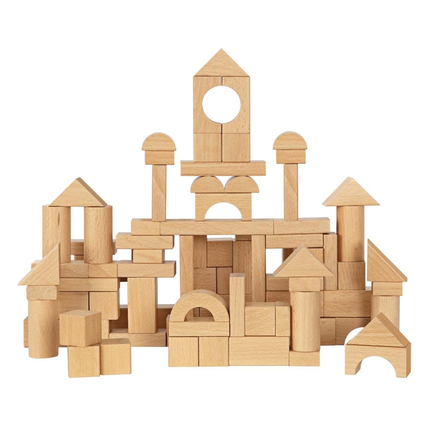 OOOK Natural Beech Wood Building Blocks for Toddlers, 100pcs with Storage Bucket & Shape Sorter, Preschool Learning Toys for Kids
