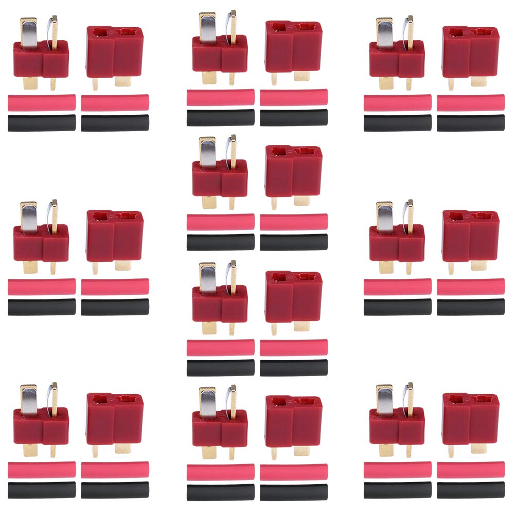 Hobbypark 10 Pairs T-Plug Connectors Male & Female Deans Style w/Shrink Tubing for RC LiPo Battery Pack ESC Electric Engine Moto