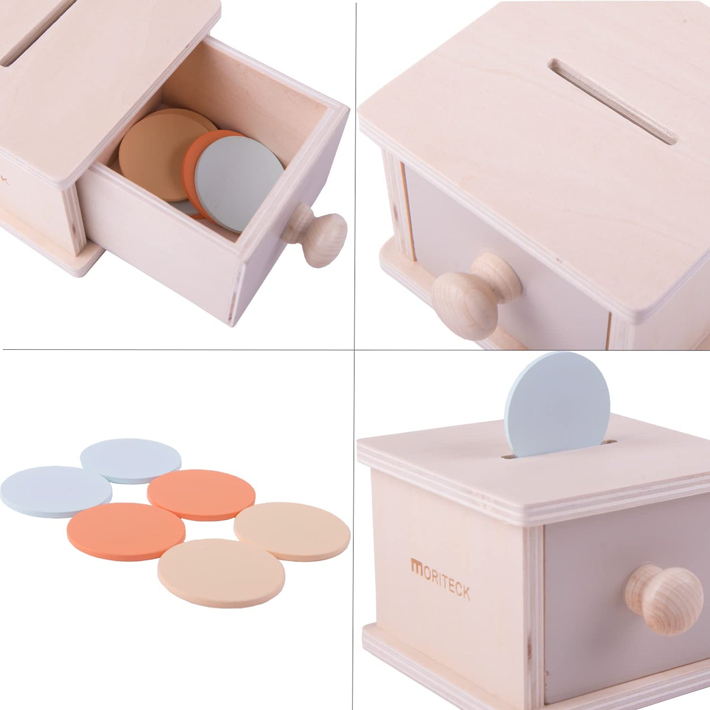 Moriteck Montessori Coin Box And Object Permanence, Wood Drawer With 3 Colors Coin Toy For 8-12 Months And Up Baby, Infant Devel