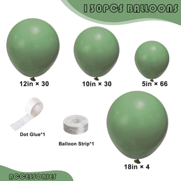 130Pcs Sage Green Balloons Different Sizes 18'' 12'' 10'' 5'' Balloon Garland Arch Kit Perfect For Birthday Party, Graduation, B