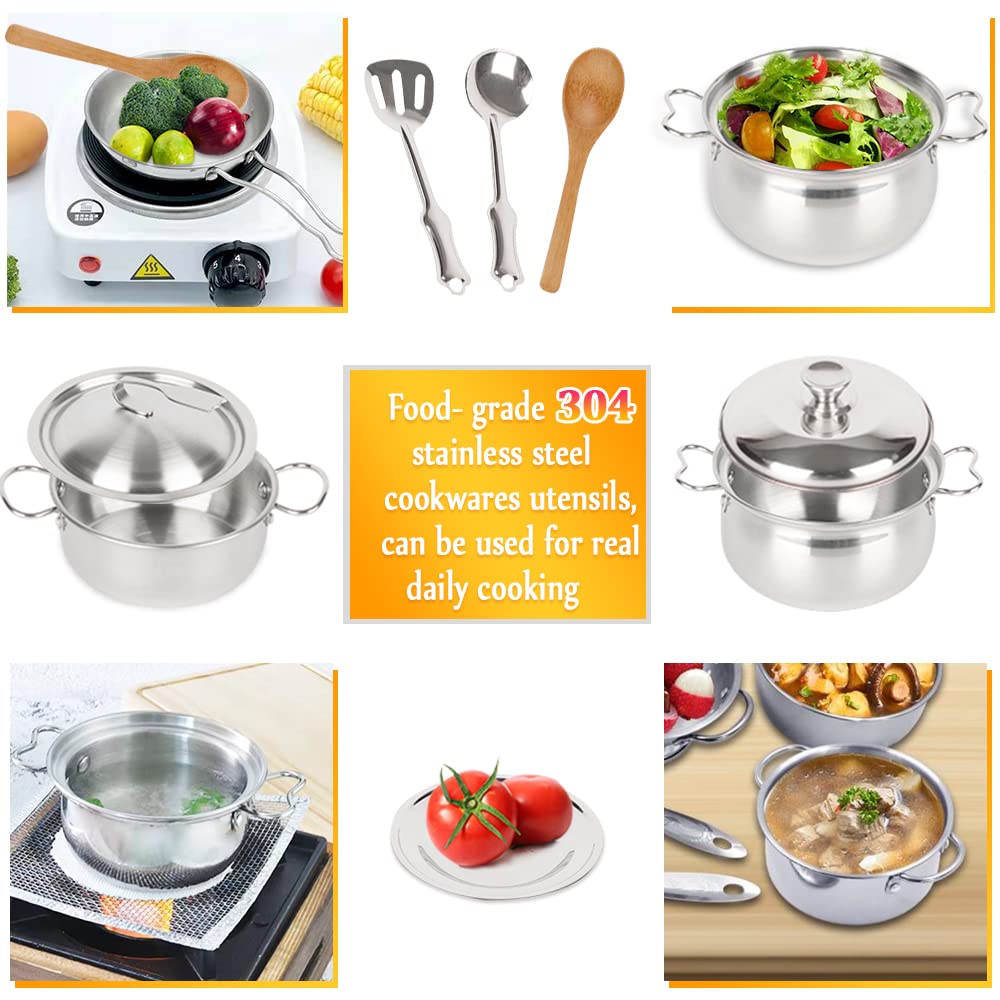 Pretend Play Kitchen Cooking Toys with Stainless Steel Cookware Play Pots and Pans Set