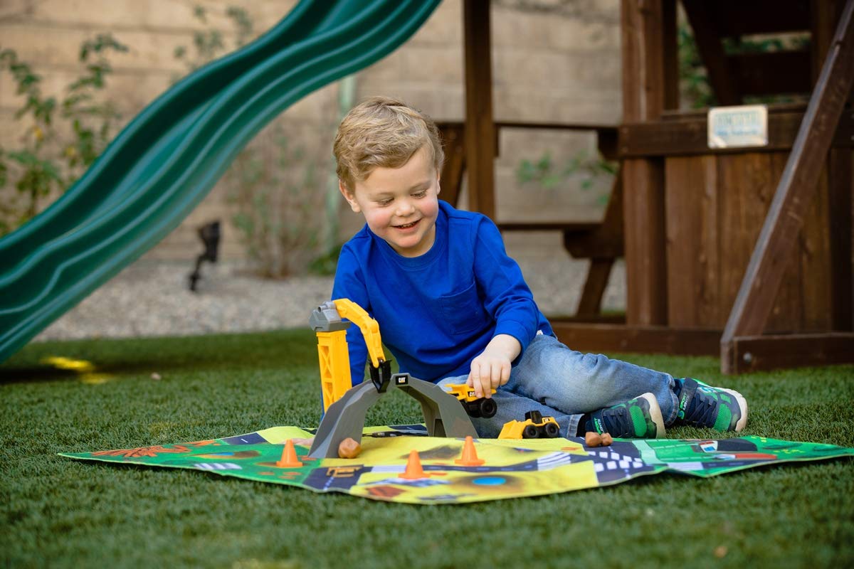 CAT Construction Toys, CAT Little Machines Vehicles Play Mat with Collectible Construction Vehicles, Sensory Toys for Kids Ages