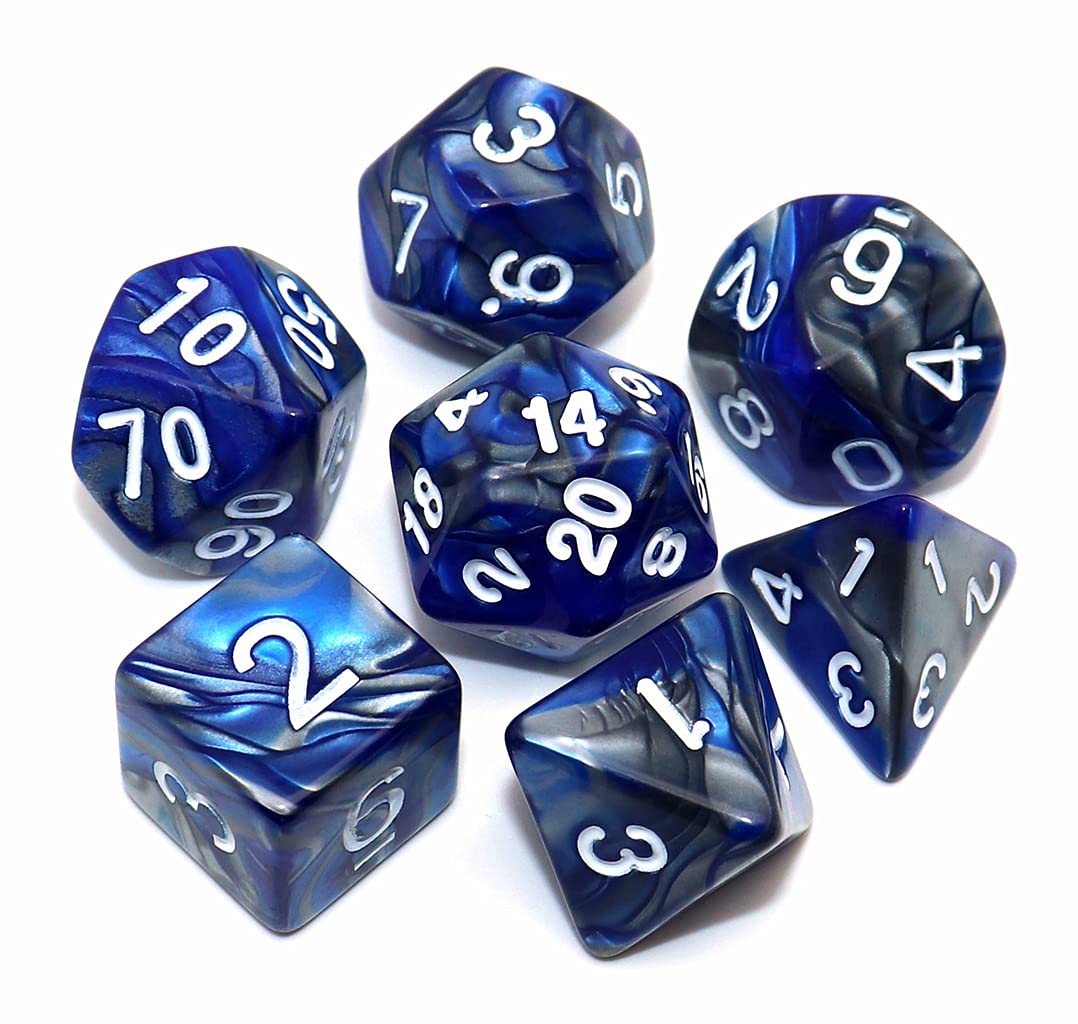 CREEBUY DND Dice Blue Mix Silver D&D Polyhedral Dice Set for Dungeon and Dragons MTG RPG Dice 7-Die Set D20 D12 D10 D% D8 D6 D4