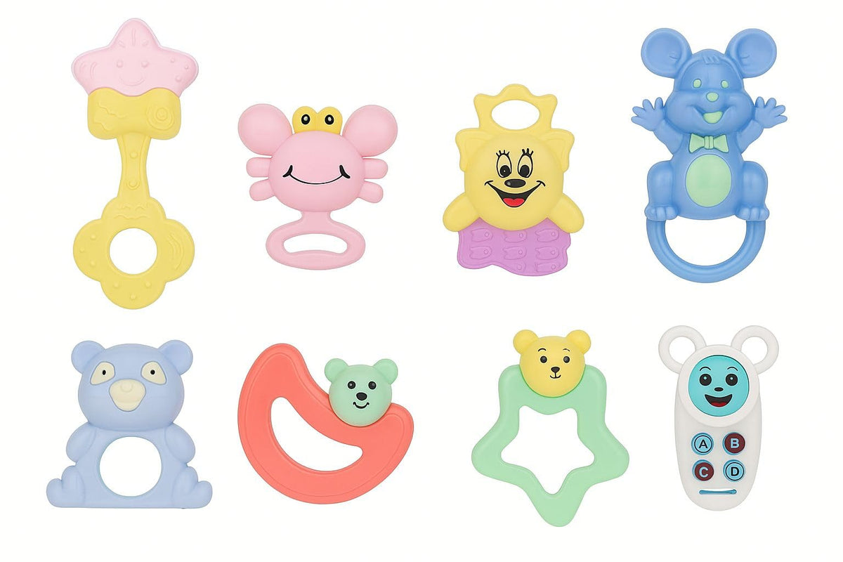 Earendel Kids Baby Rattle Toys 8 Piece Set, Colorful Animal Shaped Teethers And Rattles, NonToxic Early Learning Hand Grip Toys