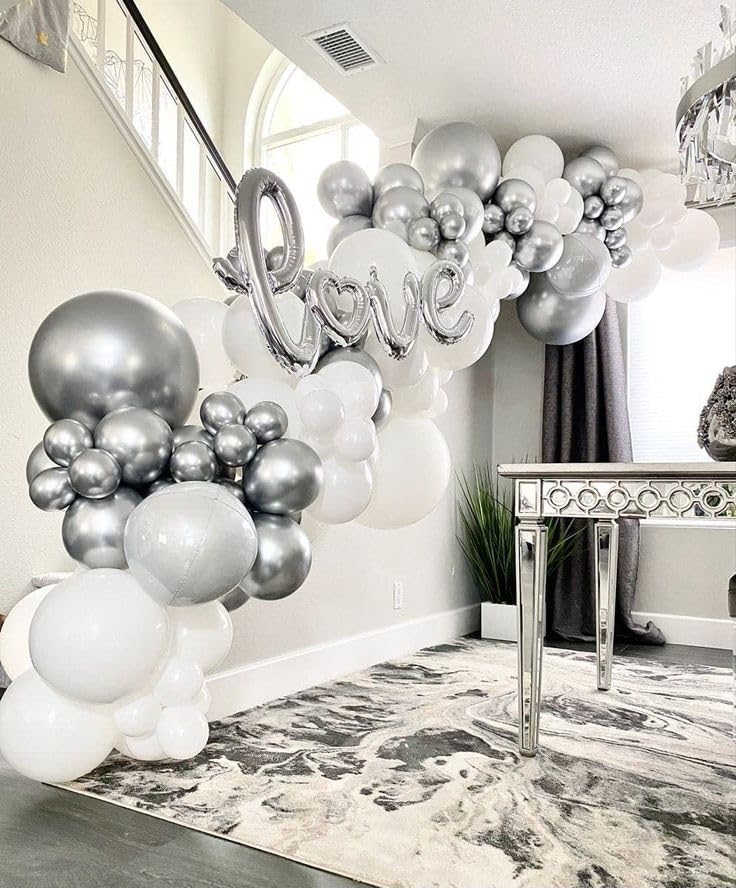 Bezente 36 Inch Metallic Silver Giant Balloons - 8 Pack Jumbo Latex for Weddings, Baby Showers, and Birthday Parties
