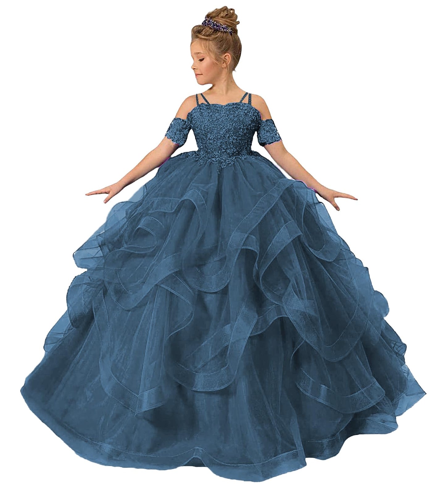 Zpvp Peacock Long Girls Pageant Dress Ruffles Princess Flower Girl Dress Beaded Appliques Tulle Wedding Party Costumes Us4