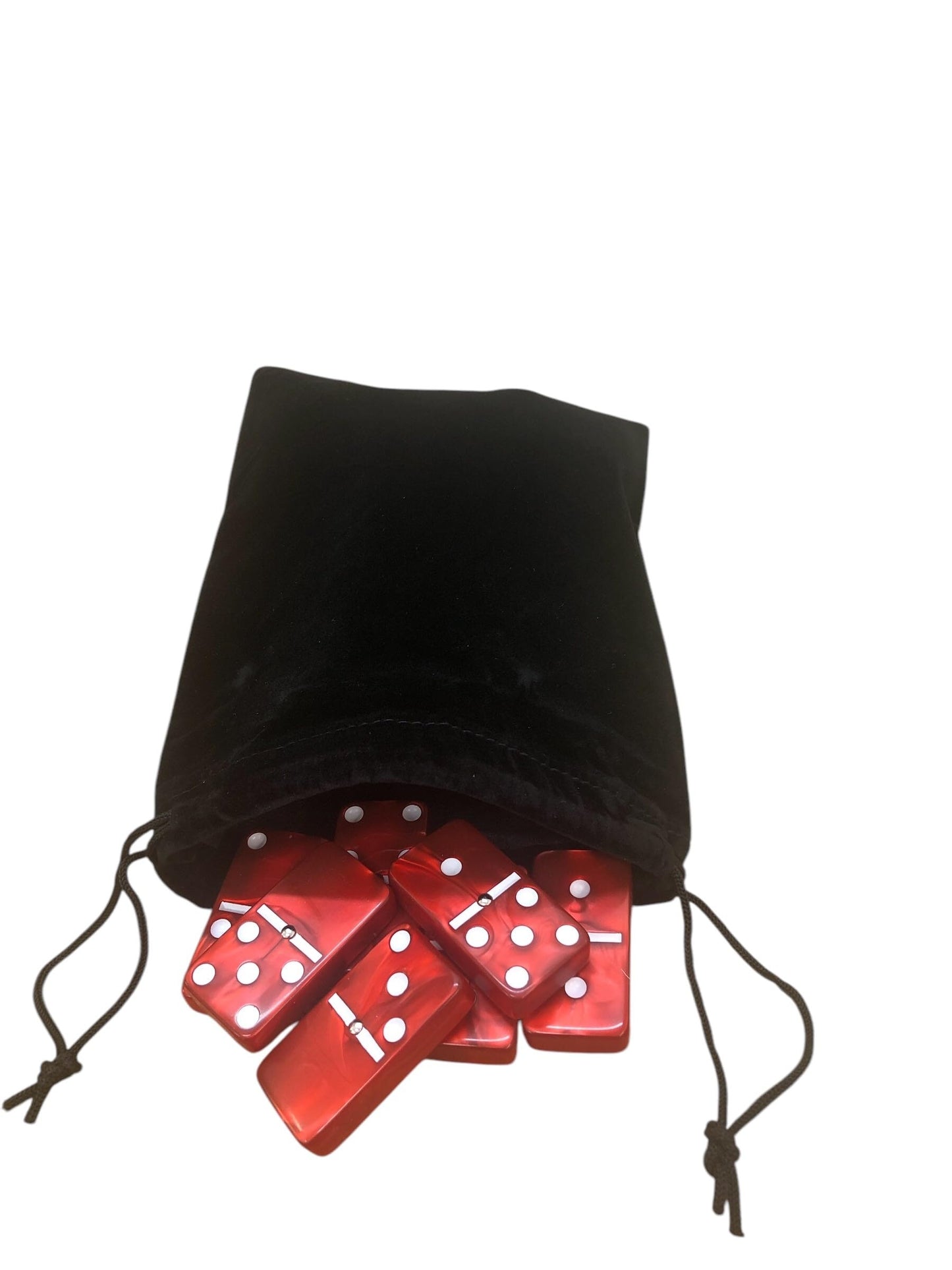 Domino Double 6 Red Marbleized Tiles With Spinners Jumbo Tournament Size In Elegant Black Velvet Bag