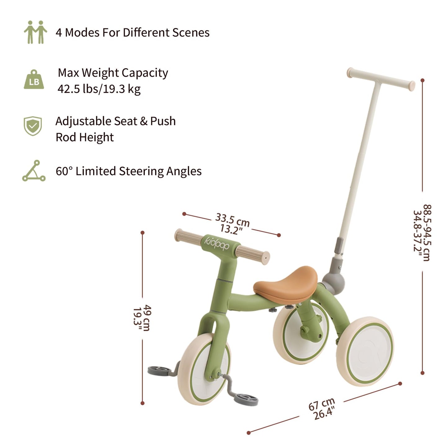 Kidpop Pony 4-in-1 Kids' Tricycles Pedal Vehicles for 1-4 Push Slide Ride On Toy Balance Bike Baby Walker Stroller (Green)
