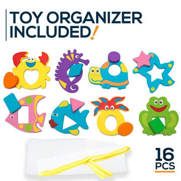 Foam Bath Toys - 100% Non-Toxic Floating Puzzles Animals - Early Learning Bathtub Toy - Fun Educational Geometric Shapes For Toddlers Kids Boys Girls - Free Bath Toy Organizer & Fishing Rod