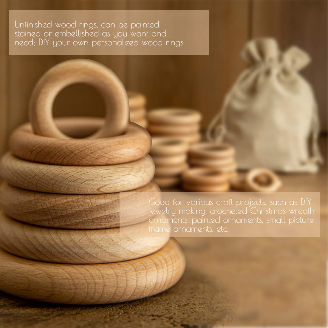 Bopoobo Wooden Rings Natural Beech For Craft, Unfinished Wood Ring Circle Rings For Diy Baby Teething Toys, Baby Wooden Teether Accessories, Pendant Connector (10 Pcs, 60 Mm)