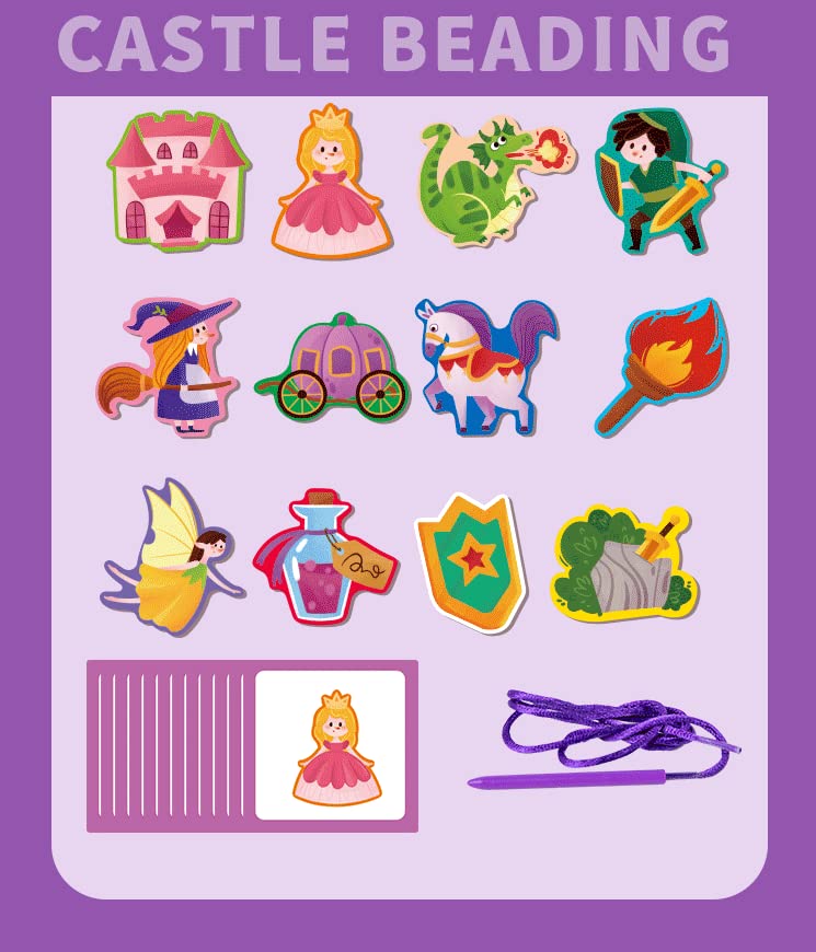 Jaqi Montessori Educational Wooden Threading Stringing Toys Dinosaurs Traffic Space Insects Animals Fruits Lacing Beads Preschool Learning Toys For Toddler For Boys Girls (Castle)