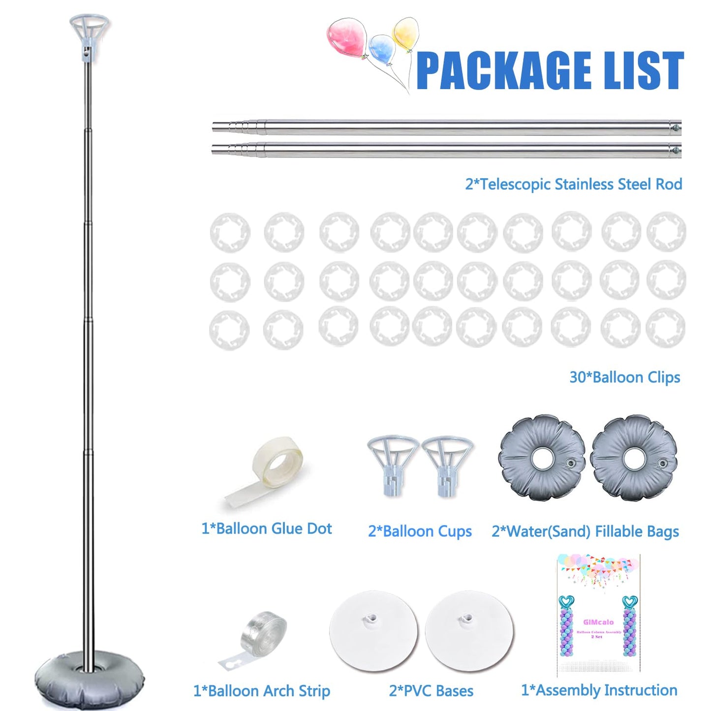 Gimcalo Balloon Column Stand Kit Set Of 2, 7Ft Height Adjustable Balloon Arch Kit, Metal Telescopic Pillar Balloon Stand, Birthday Party, Graduation, Wedding Christmas Decorations