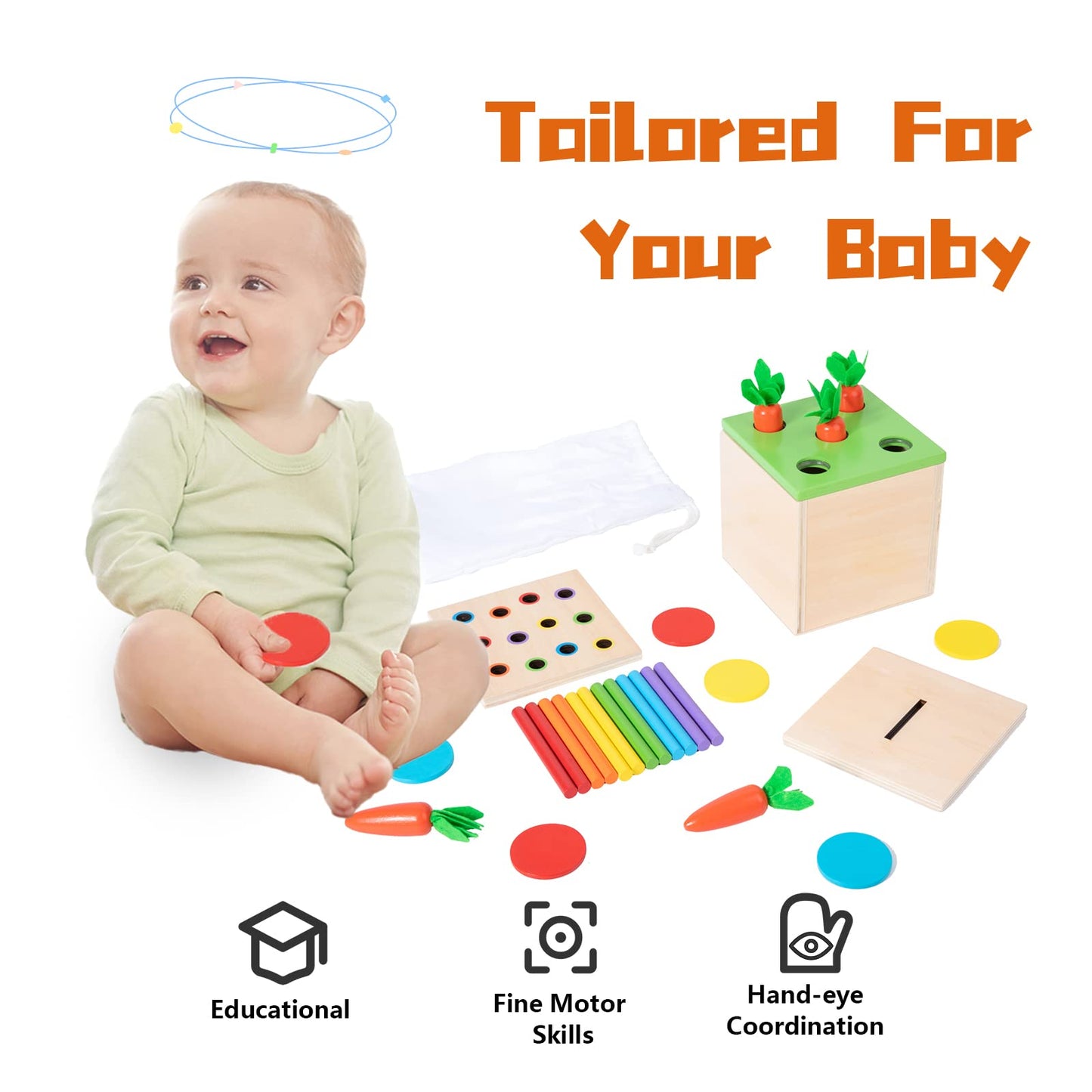 Wooden Montessori Toys For 1 2 3 Year Old Baby Gifts,Play Kit Box Includes Carrot Harvest Games, Montessori Coin Box For 6-12 Months And Fine Motor Skills Toys For 1 Year Old (3-In-1)