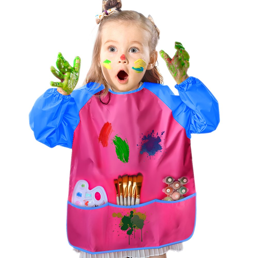 Kuuqa 6 Pcs Waterproof Art Smock Kids Art Painting Aprons Long Sleeve With 3 Roomy Pockets And 10 Pcs Painting Brushes, Age 2-6 Years