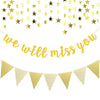 Gold Glitter Graduation Banner We Will Miss You and Triangle Flag Banner Star Swirl Banner for Farewell Party Decorations Suppli