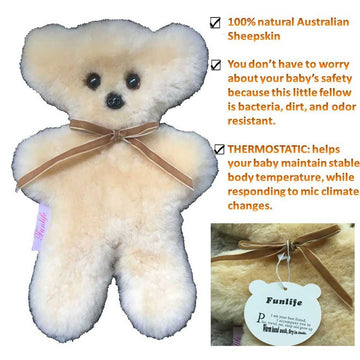 funlife 100% Australian Soft Lambskin Flat Teddy Bear for Baby Birthday Gift,Natural Snuggle Bear for Infant,Cream
