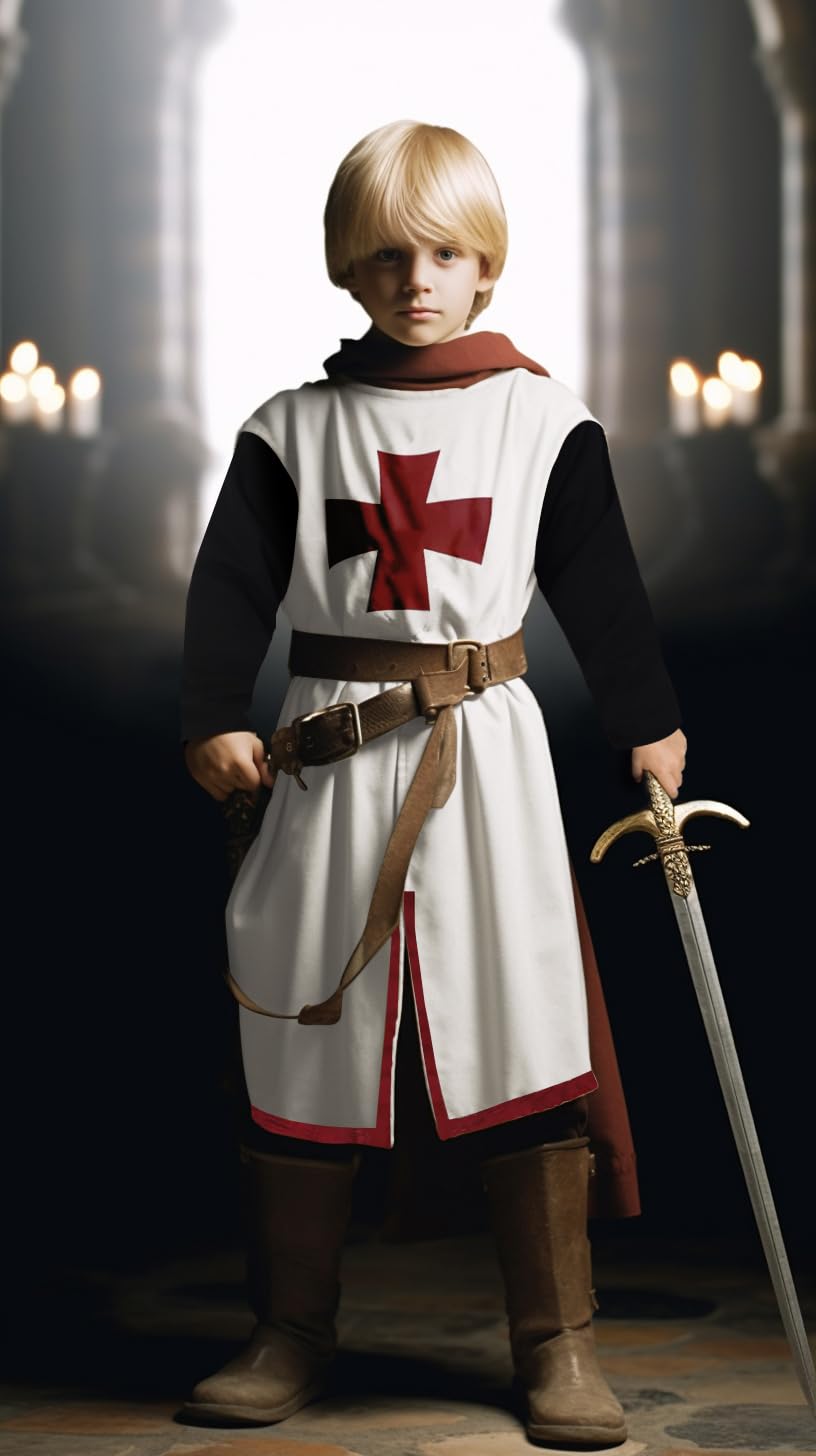 Vzqi Kids Crusader Costume White Medieval Knight Tunic Boys Outfit Renaissance Roman Warrior Costume Halloween With Belts L