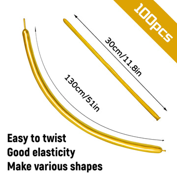 100Pcs 260 Balloons Metallic Gold Long Balloons For Balloon Animals, Gold Skinny Latex Twisting Balloon For Animals Modeling Chr