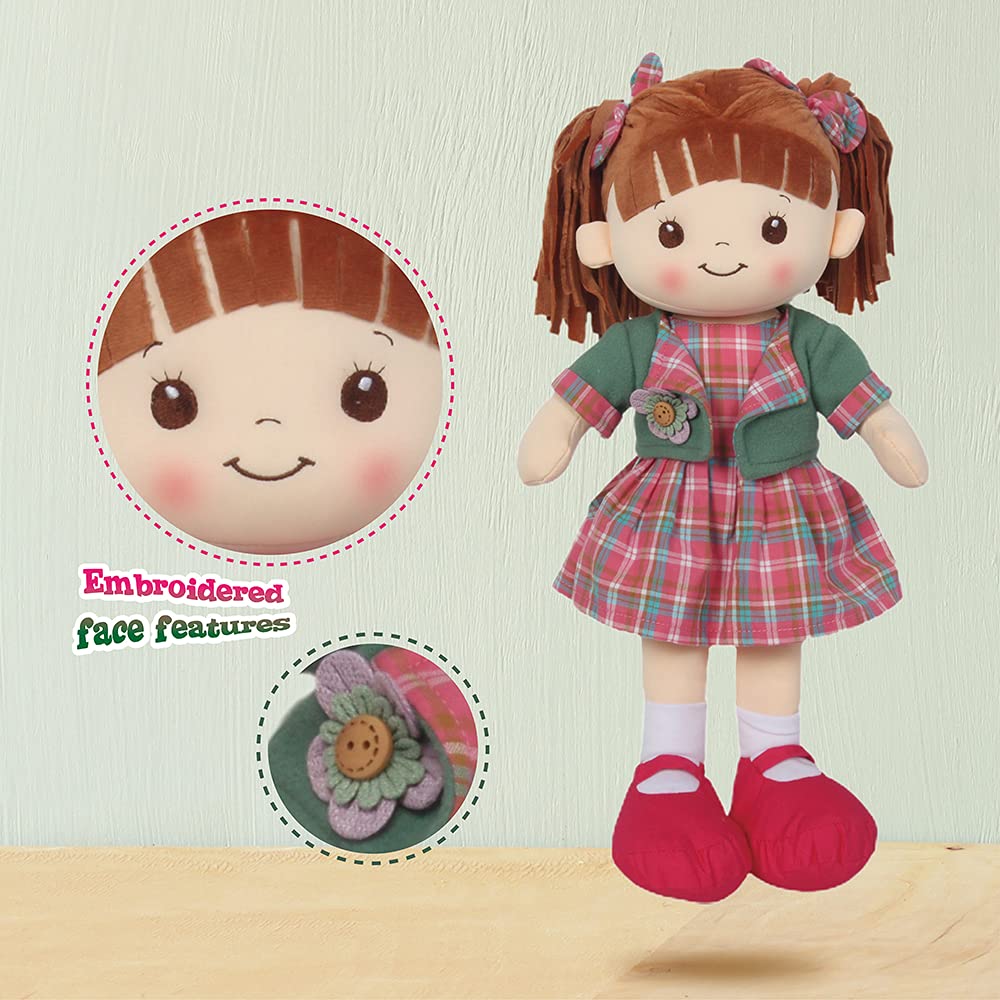 Linzy Toys, 16'' Little Sweet Hearts Interactive Soft Plush Rag Doll, Embroidered Face & Removable Clothes (90959), Plaid