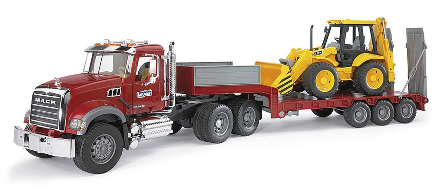 Bruder Mack Granite Flatbed Truck with JCB Loader Backhoe, Red/Yellow, Plastic, Model 2813