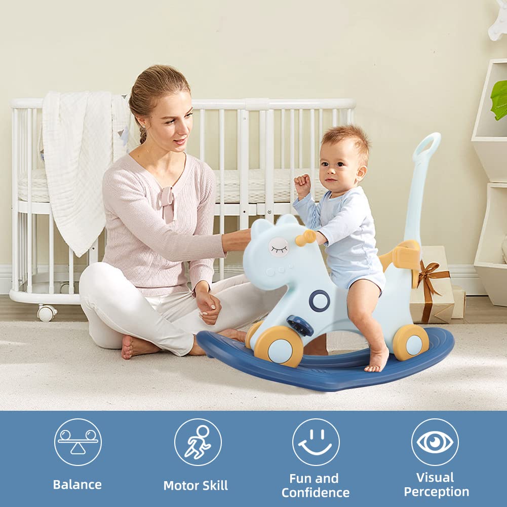 4 In 1 Rocking Horse For Toddlers 1-3 Years Old, Balance Bike Ride On Toys With Push Handle, Backrest And Balance Board For Baby Girl And Boy, Unicorn Kids Riding Birthday (Blue)