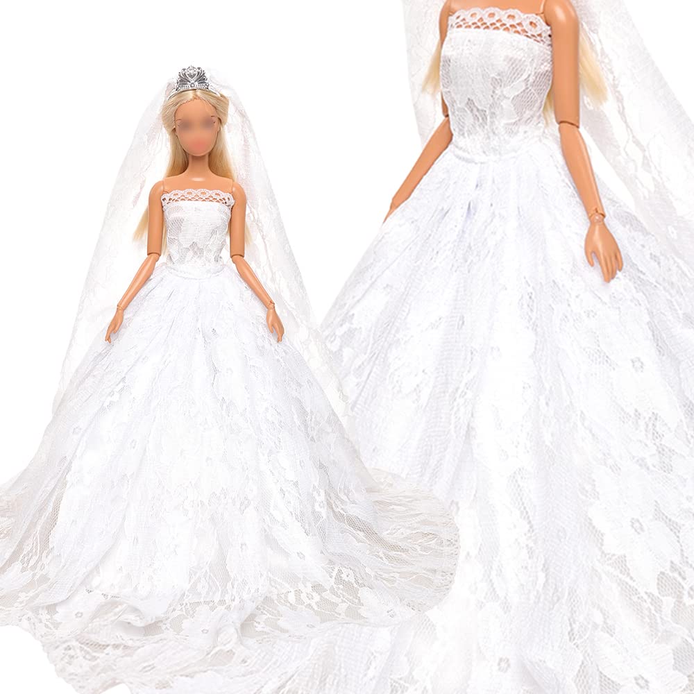 Barwa White Wedding Dress With Long Veil Evening Party Princess White Lace Gown Dress For 11.5 Inch Girl Doll