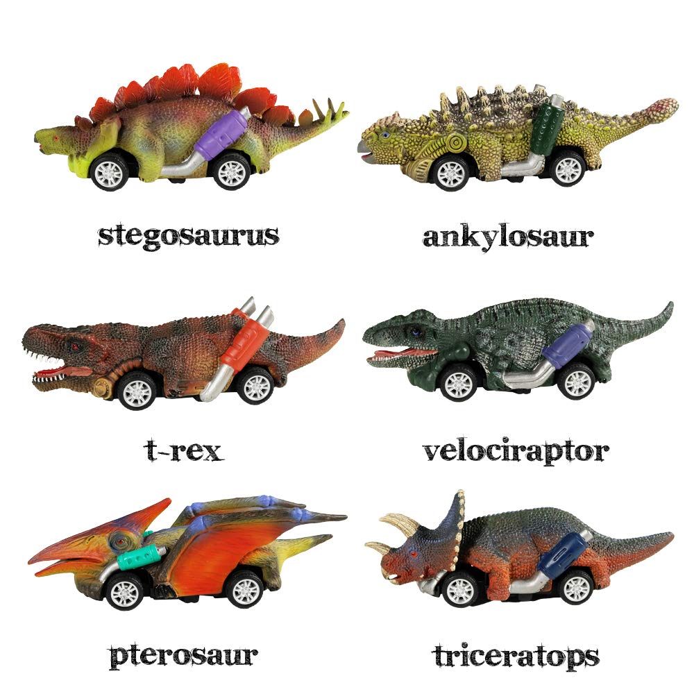 DINOBROS Pull Back Dinosaur Toy Cars - 6 Pack Multicolor Rubber Dino Toys for Kids Ages 3-5, Model D19B