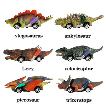 DINOBROS Pull Back Dinosaur Toy Cars - 6 Pack Multicolor Rubber Dino Toys for Kids Ages 3-5, Model D19B