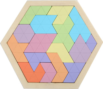Wooden Blocks Puzzle Brain Teasers Toy Large Wooden Hexagon Puzzle For Kids Adults Tangram Brain Teaser Puzzles Geometry Logic Iq Games Stem Montessori Educational Gift For Kids (Jigsaw Macaron)