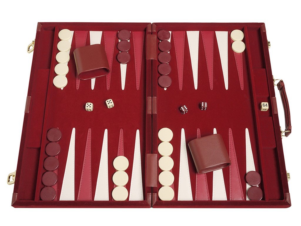 Deluxe Attache Backgammon Set - 15'' Medium Size Classic Maroon Board Game - Luxurious Velour Case