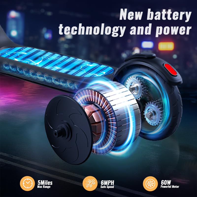 LIEAGLE Electric Scooter For Kids Age 6-12, 60W Motor, 5Miles Range, 6.2mph, 5.3'' Rubber Tires w/RGB Wheel Lights & 7-Color Hea