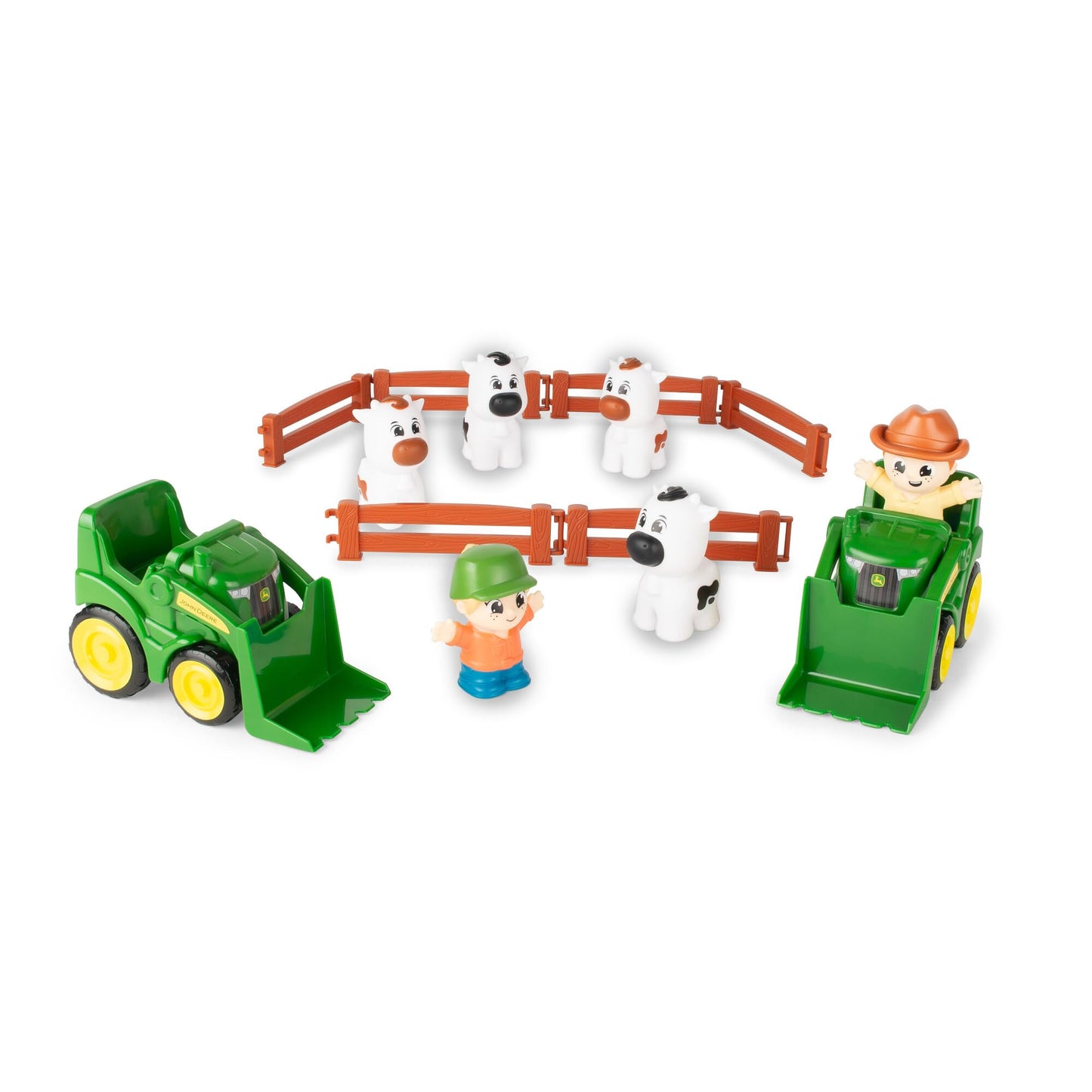 TOMY The Cows are Out! Farm Animal Playset - Includes John Deere Tractor Toys, Fencing, 2 Farmer Figures, and 4 Cow Toys - Kids