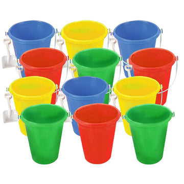 ArtCreativity 6 Inch Mini Plastic Beach Bucket and Shovel Set - Pack of 12 - Assorted Colors Buckets and White Shovels - Summer