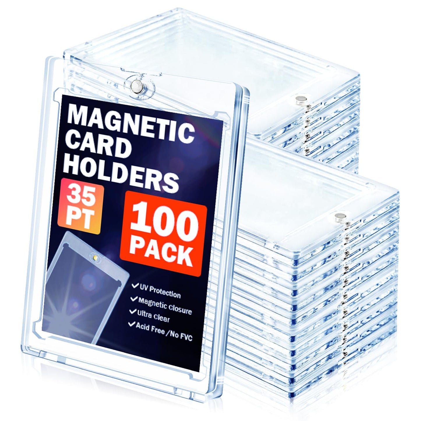 Succwoah 100Ct Magnetic Card Holder For Trading Cards, 35 Pt One Touch Card Sleeves, Hard Plastic Card Protectors Top Loaders Di