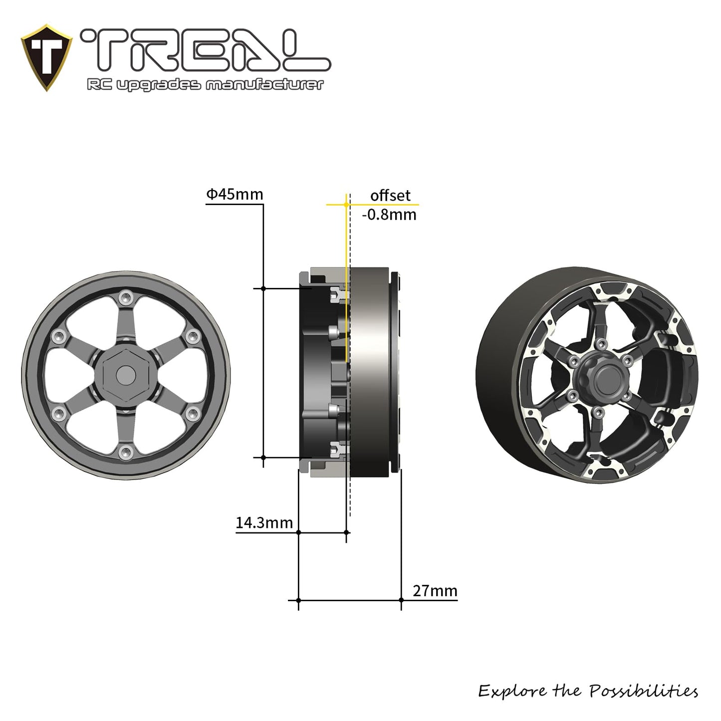 TREAL 1.9 Beadlock Wheels, Six-Spoke Amazing Look,Top-Notch Aluminum Durable 1.9 Crawler Wheels,Heavy Weight Upgrades for 1:10 H
