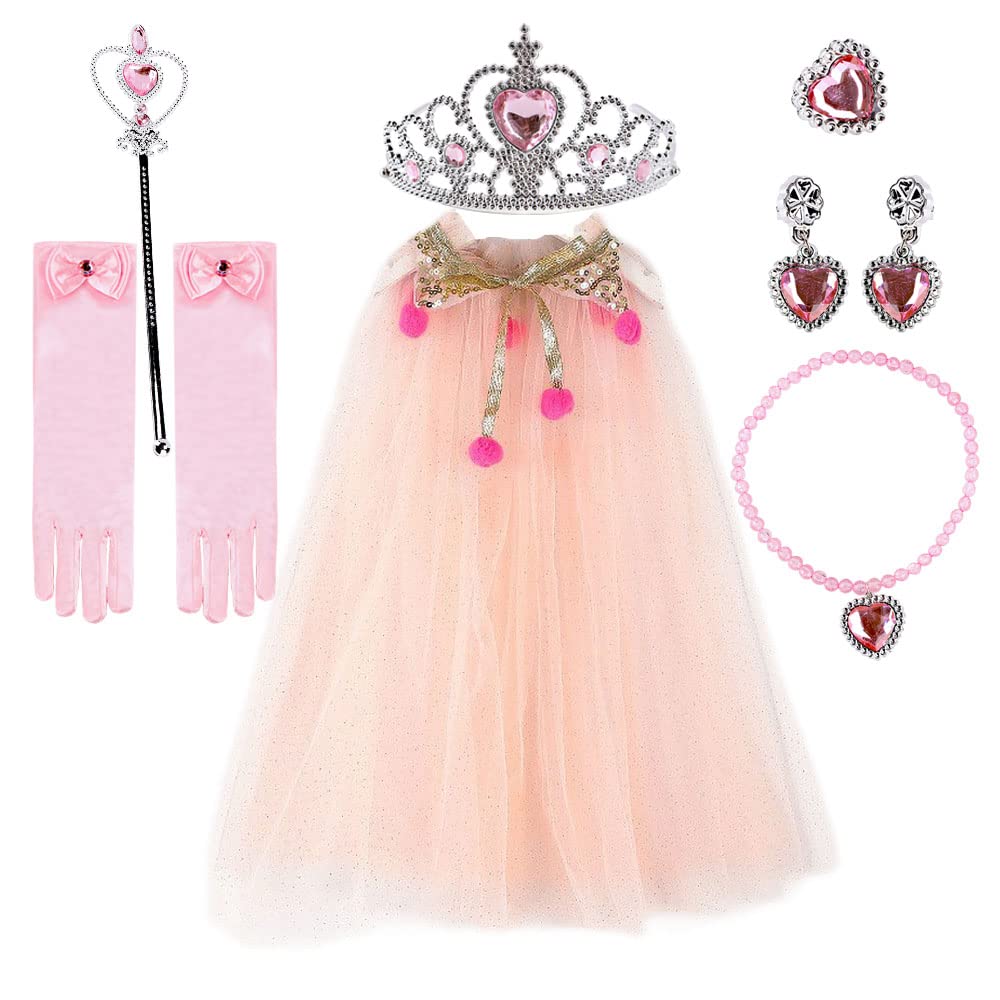 Tpmg Princess Sheer Cape For Little Girls Halloween Costume With Dress Up Accessories Tiara Crown Wand Gloves, Peach Shimmer