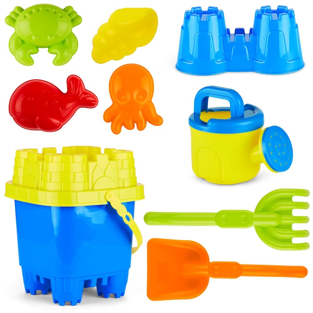 PREXTEX 10 Piece Beach Sand Toys Set for Kids - Bucket with Sifter, Shovel, Rake, Watering Can, 5 Animal and Castle Sand Molds f