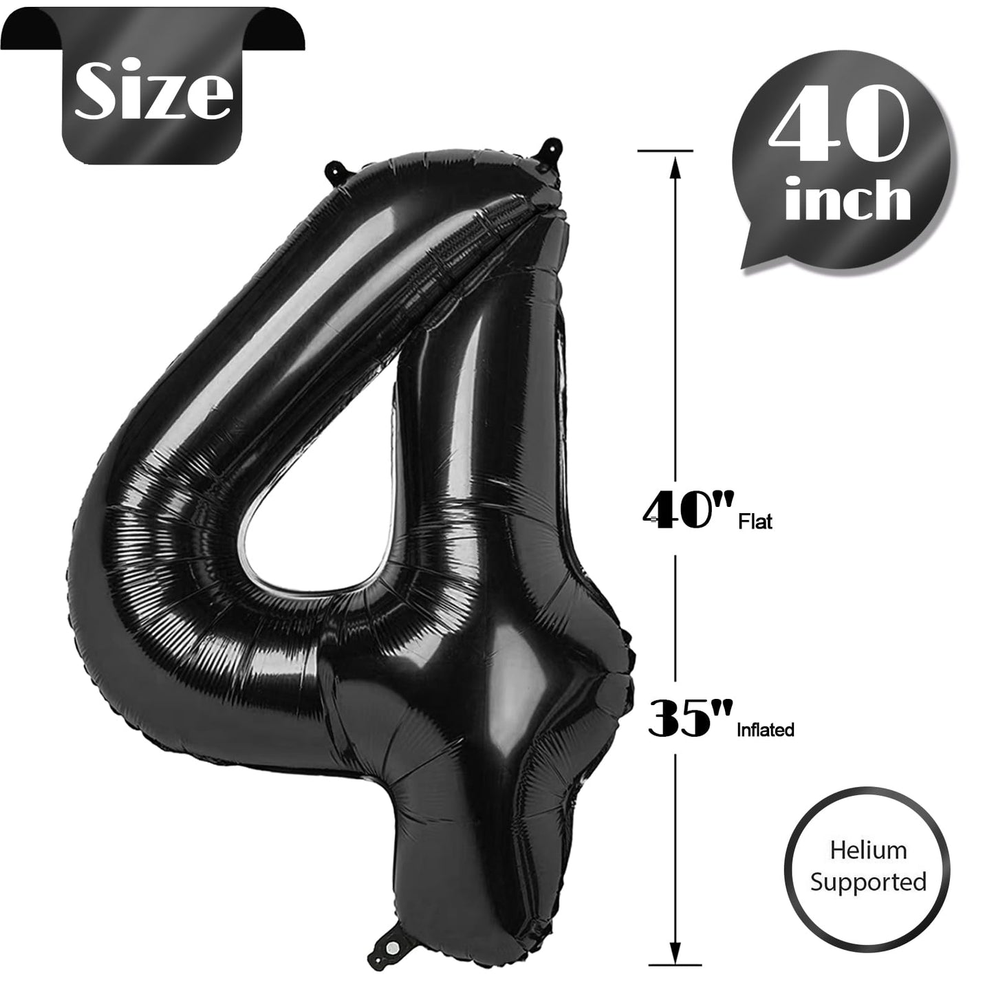 Black Number 4 Balloon 40 Inch, 4 Balloon Number, 4Th Birthday Decorations, Black Party Supplies For Boys Girls