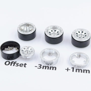 hobbysoul 1.0 Silver Offset Beadlock Wheels for RC Micro Crawlers - +1mm Positive & -3mm Negative Offset (4-Pack)