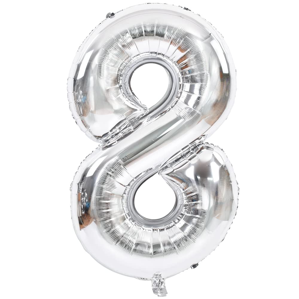 Toniful 40 Inch Silver Large Numbers Balloons 0-9, Number 8 Digital 8 Helium Balloons, Foil Mylar Big Number Balloons For Birthd