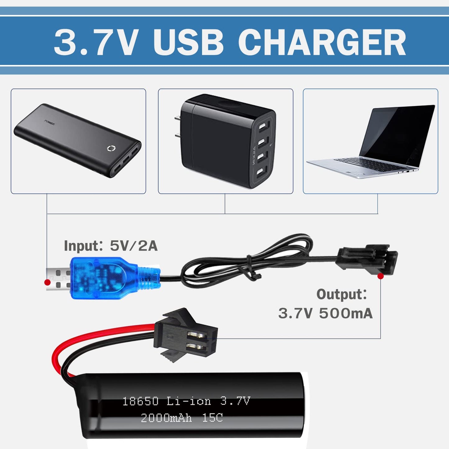VICMILE 3.7V 2000mah Li-ion Battery 2Pack with 2 USB Chargers SM-2P Plug 15C RC Recgargeble Battery Compatible with DE45 DE42 Re
