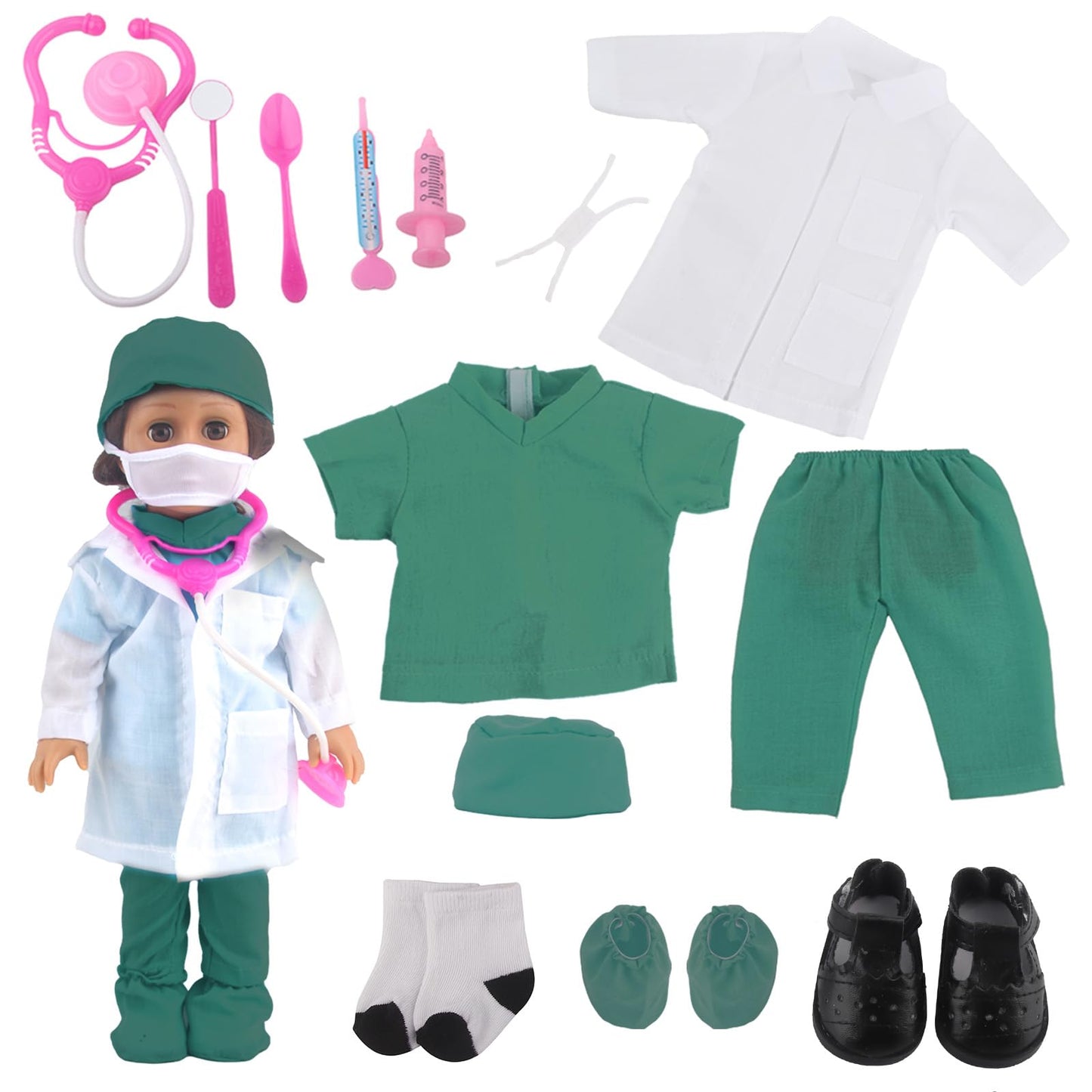 Msyo Doll Doctor Outfits And Medical Kit Accessories For 18 Inch Fashion Dolls, Includes White Coat, Green Scrubs, Doctor Surgic