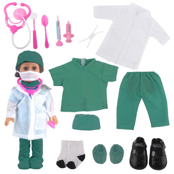 Msyo Doll Doctor Outfits And Medical Kit Accessories For 18 Inch Fashion Dolls, Includes White Coat, Green Scrubs, Doctor Surgic