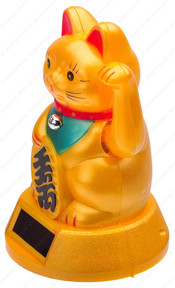 M.V. Trading Japanese Maneki Neko Fortune Cat Lucky Cat Gold Battery Operated Also Solar Powered With Waving Arm, 5-Inches