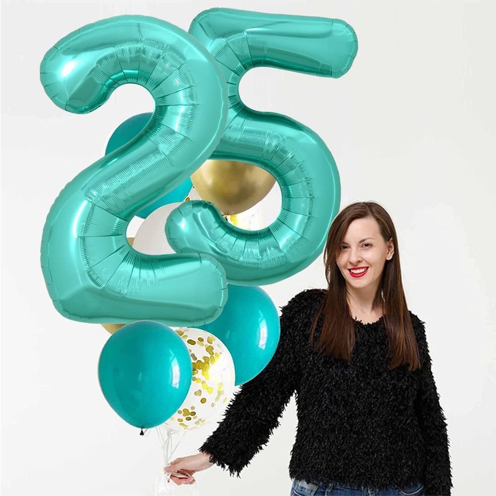 TONIFUL 40 Inch Large Teal Blue Number 25 Balloons Giant Digital 25 or 52 Helium Balloons, Foil Mylar Big Number Balloons for 25