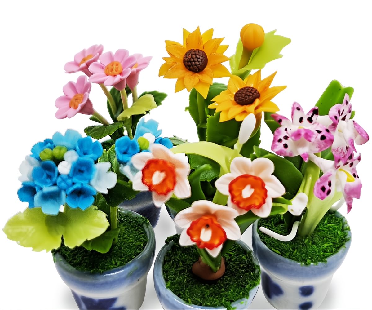 WitnyStore Tiny 1 High 5 Pieces Set Mix Sunflower Orchid Hydrangea Zinnia - Hand Made Artificial Flowers Colorful Miniature Real